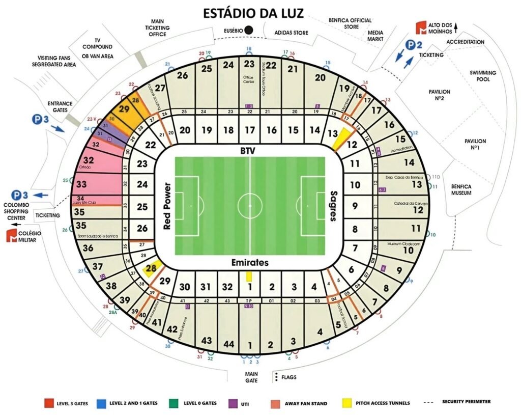 Estádio da Luz Seating Map with Seat Numbers and Row details 2024